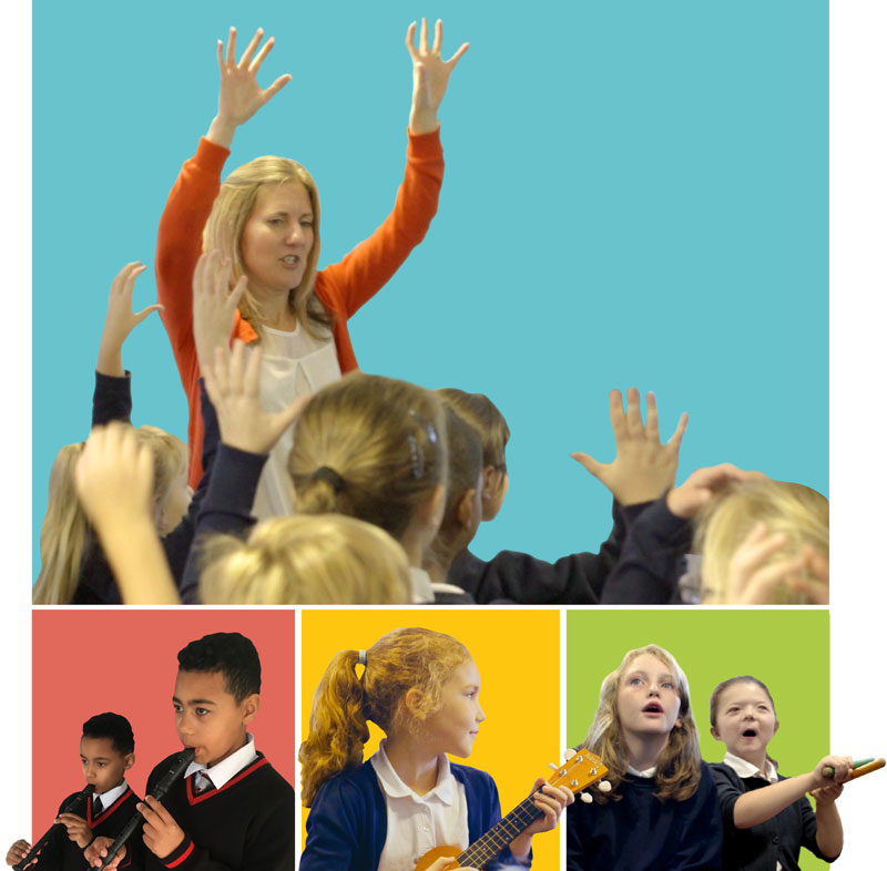 Teacher with children, and children playing instruments